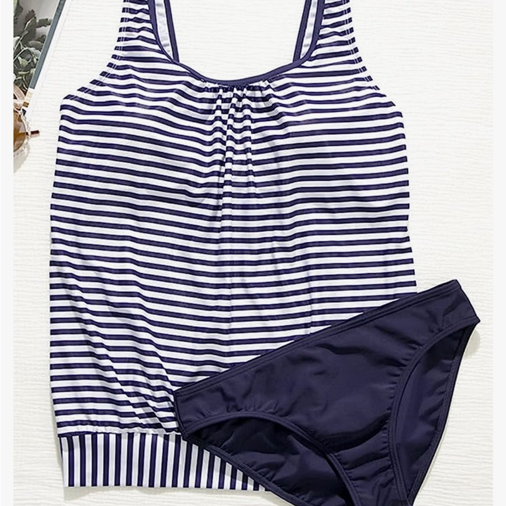 Navy and white 2 piece swimsuit, women’s with tummy control